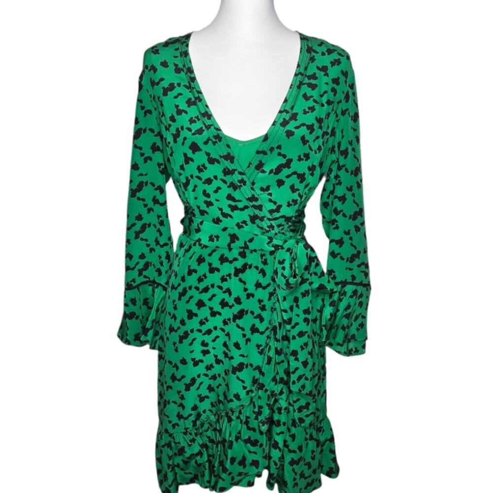 Tonya Taylor Nomi Wrap Ruffle Silk Dress‎ Green Leopard Print Size 8